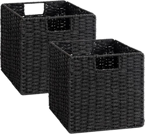 Miniatura 17 de StorageWorks Cestas de mimbre de 11 pulgadas, cubos de almacenamiento tejidos a mano con asas, cesta plegable de cuerda de papel para organizar