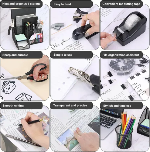 Miniatura 4 de SYMDROMIA Juego de organizador de escritorio de oficina 13 en 1 con engrapadora y dispensador de cinta, soporte para bolígrafos, tijeras, regla