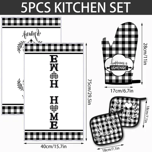 Miniatura 2 de Juego de 5 toallas de cocina a cuadros de búfalo, guantes de horno y soporte para ollas, toallas de cocina en blanco y negro, almohadillas calientes