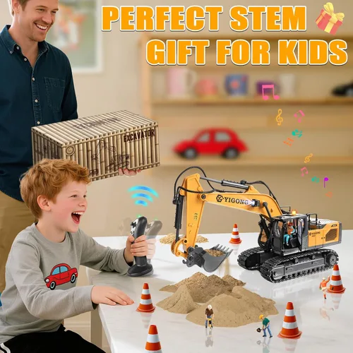 Miniatura 9 de Excavadora de control remoto para niños de 6 a 9 años, juguetes de excavadora controlados por gravedad de 2.4 GHz con luces y sonido, vehículos