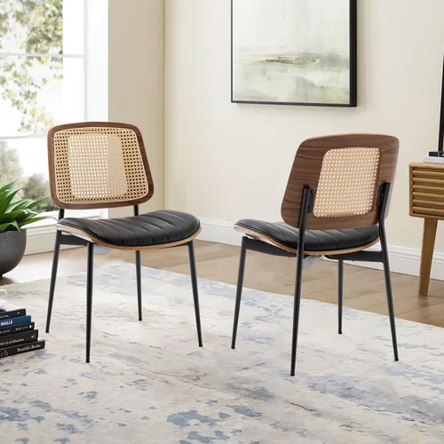 Miniatura 16 de LUNLING Sillas de comedor modernas de mediados de siglo, silla retro beige de piel sintética con asiento tapizado de madera curvada de nogal, patas
