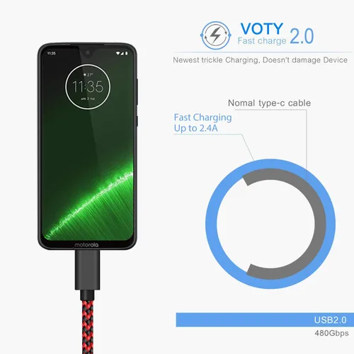 Miniatura 4 de VOTY Paquete de 2 cables de carga USB-C de 6 pies para Motorola Moto G Fast/G Power/G Stylus, Moto G8 G7, G7 Play, G7 Plus, G7 Power G6, G6 Plus X4