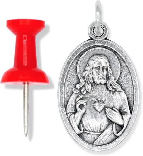 Miniatura 5 de Paquete de 5 medallas del Corazón de María y el Sagrado Corazón de Jesús Colgantes católicos oxidados de plata de 1 pulgada para collar y rosario