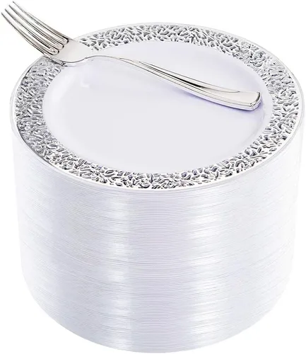 Miniatura 18 de WDF Platos de postre de plástico plateado con tenedores de plástico, 100 platos cuadrados desechables para aperitivos, platos pequeños con borde