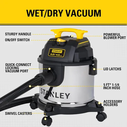 Miniatura 5 de STANLEY Aspiradora húmeda y seca de 4 galones, soplador de vacío 3 en 1 de 4 picos HP de acero inoxidable con potente succión, aspiradora para lugar