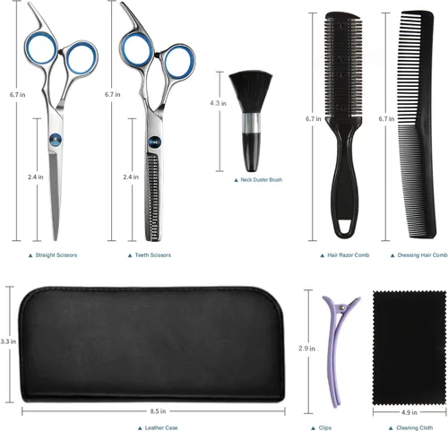 Miniatura 6 de Kit de tijeras de corte de pelo, juego profesional de 11 piezas – corte de pelo, tijeras de adelgazamiento, cepillo para plumero de cuello, peine