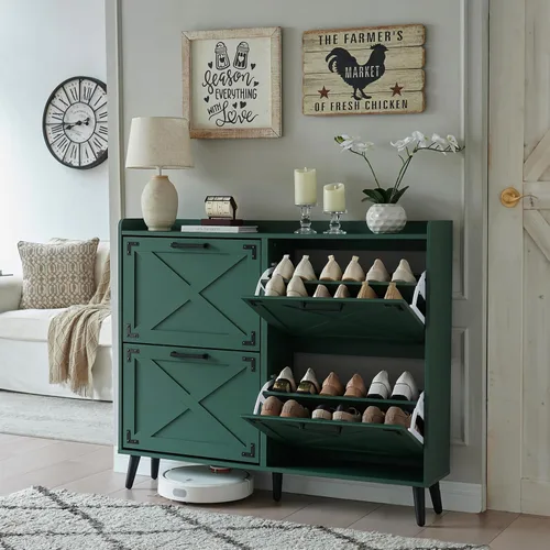 Miniatura 9 de Barnyatoh - Gabinete de almacenamiento de zapatos estilo granja, organizador de zapatos con 2 cajones abatibles y diseño de puerta de granero