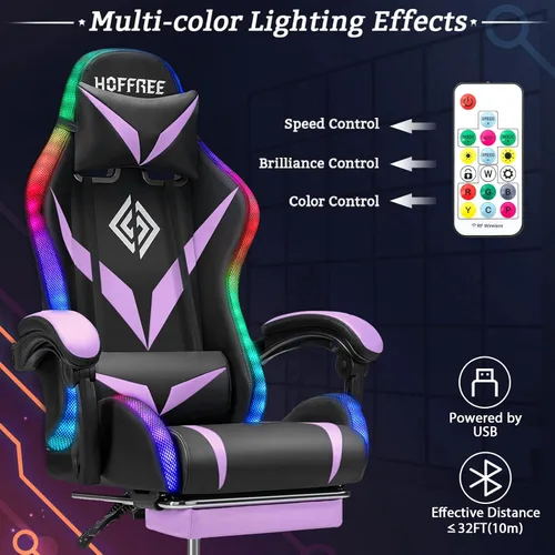 Miniatura 4 de Silla de juegos RGB con masaje y luces LED, silla de computadora ergonómica con reposapiés, silla reclinable de respaldo alto para videojuegos