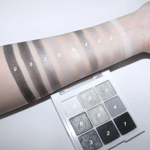 Miniatura 6 de evpct Paleta de sombra de ojos con 9 colores, gris plateado con purpurina, sombra de ojos brillante y ahumada en negro, gris plateado y blanco D-9