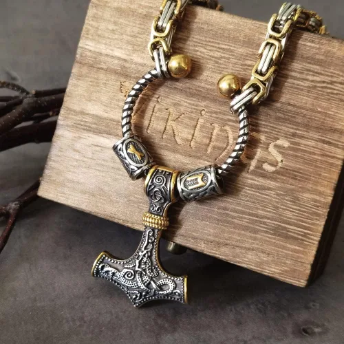 Miniatura 4 de Cadena King de acero inoxidable con cuentas de runa y collar vikingo de martillo mjolnir con caja de madera como regalo de novio DD377