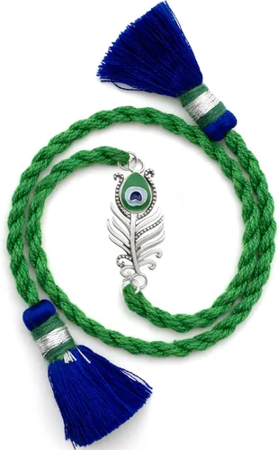 Meenakari 925 plata esterlina Morpankh pluma de pavo real Krishna Rakhi pulsera conjunto con Roli Chawal y tarjeta de felicitación Rakshabandhan