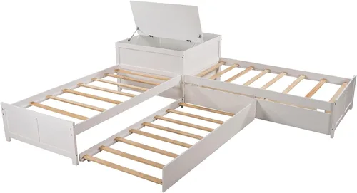 Miniatura 8 de Moderna cama de plataforma en forma de L con nido y cajones, cama de plataforma de madera de tamaño individual con mesa cuadrada abatible White#w