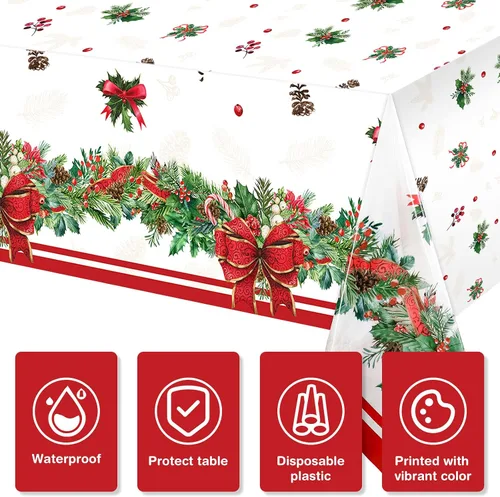 Miniatura 3 de Tiamon Manteles de plástico de 3 piezas, impermeables, desechables, rectangulares, fundas de mesa de Navidad para suministros de fiesta de Navidad