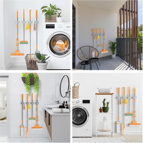 Miniatura 7 de Batur Soporte de pared para escoba, paquete de 4 soportes adhesivos para trapeador y escoba, soporte de pared, súper antideslizante, organizador
