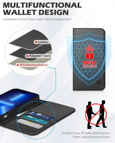Miniatura 3 de SHIELDON Funda para iPhone 13 Pro Max 5G, Funda de Cartera de Cuero Genuino Magnética Folio a Prueba de Golpes con Soporte Kickstand Portador