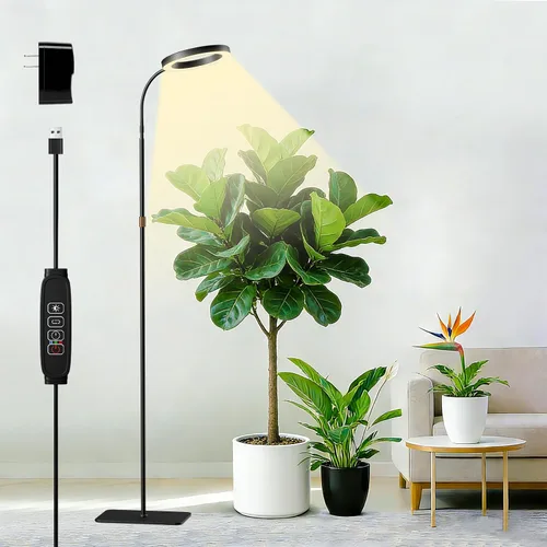SDOVUERC Luz de crecimiento de espectro completo con soporte para plantas de interior, luz de planta de piso, temporizador de 3/9/12H, 3 modos de