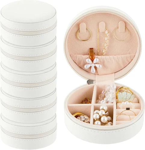Miniatura 29 de Caja de joyería de viaje de 6 piezas, cajas de regalo de dama de honor, organizador de viaje, pequeño joyero, redondo, mini almacenamiento, piel
