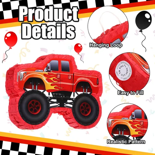 Miniatura 7 de Sratte Piñata de camión para niños, decoraciones de fiesta de cumpleaños, piñata de coche de carreras de monstruos con palo para los ojos vendados