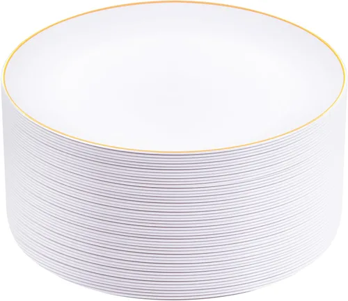 Miniatura 18 de Festiva 200 platos de postre dorados con purpurina de 6.3 pulgadas con tenedores de 5 pulgadas, platos pequeños de plástico para postre, pasteles