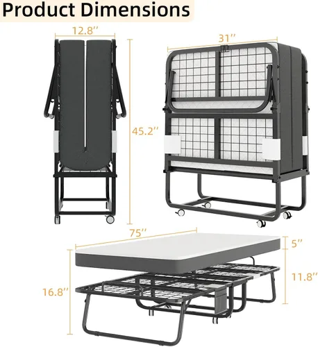 Miniatura 8 de VERMESS Cama plegable con colchón de espuma viscoelástica de 5 pulgadas, cama plegable de 75 x 32 pulgadas con marco de metal resistente sobre