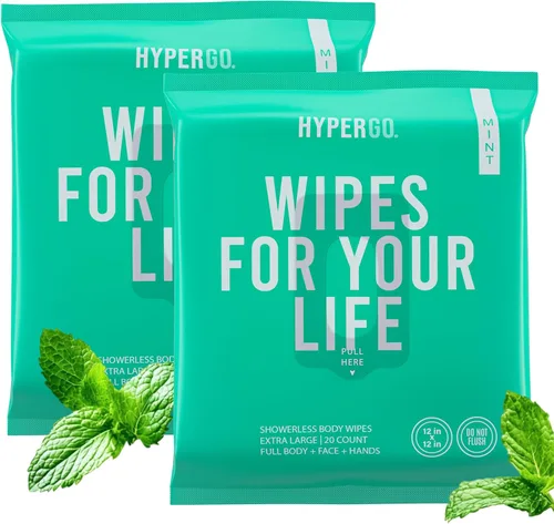 HyperGo Toallitas Corporales XL para Mujeres y Hombres – Toallitas de Limpieza Corporal Completa Sin Enjuague de 12" x 12", 2 Paquetes de 20