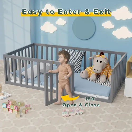 Miniatura 6 de Zevemomo Cama de suelo tamaño individual para niños y niños, cama de piso Montessori individual con barandillas de seguridad y puerta, cama de piso