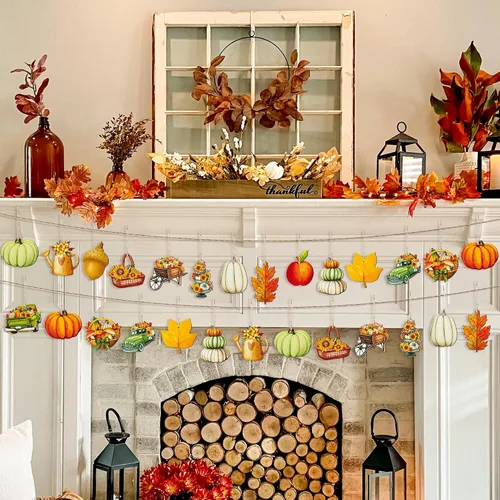 Miniatura 5 de Haooryx Adorno colgante de madera de acuarela de otoño, 46 piezas de calabaza de otoño, hojas de arce, flores de madera, colgante decorativo