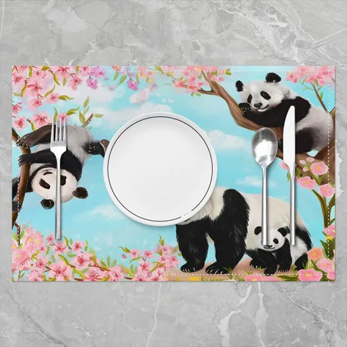 Miniatura 2 de jejeloiu Juego de 4 manteles individuales con diseño de panda de 12 x 18 pulgadas, lindos manteles individuales de animales con diseño de cerezo