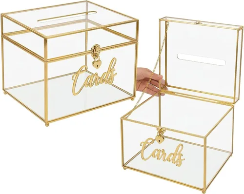 Miniatura 7 de Caja de tarjetas de boda con cierre de corazón, caja de tarjetas de vidrio de metal grande con marco dorado para recepción de fiestas, bodas, baby