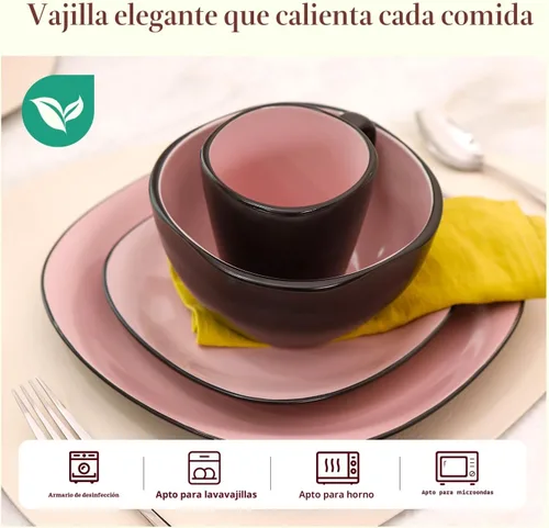 Miniatura 5 de juego de vajilla de cerámica de 16 piezas en forma cuadrada, interior rosa brillante + exterior negro mate