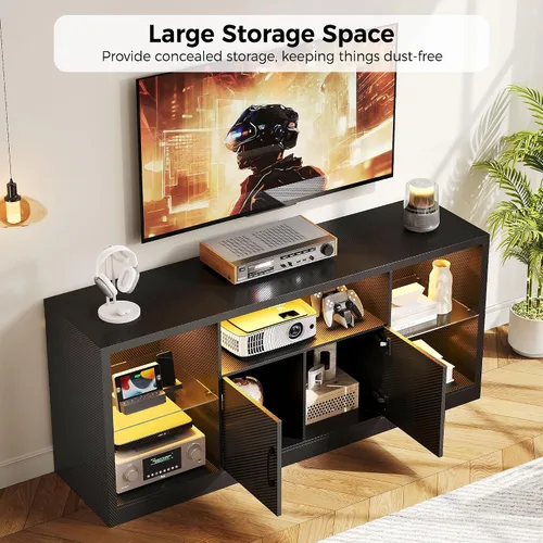 Miniatura 5 de IRONCK Soporte de TV para televisores de 65 pulgadas con toma de corriente y luces LED, centro de entretenimiento de fibra de carbono con gabinetes