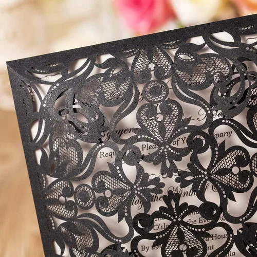 Miniatura 5 de Hosmsua 50 tarjetas de invitación de boda negras cortadas con láser con sobres, invitaciones de rosa hueca de 6.3 x 6.3 pulgadas para boda