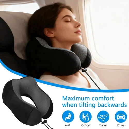 Miniatura 3 de Almohada de avión, almohada de cuello de viaje con espuma viscoelástica, hebilla ajustable y funda lavable a máquina para soporte de cuello en Negro