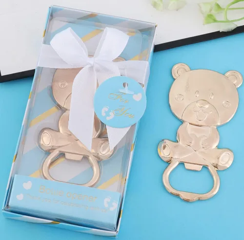 Miniatura 6 de Paquete de 15 abridores de botellas de oso para baby shower, regalos de metal para baby shower, recuerdos, decoración y suministros de regalo, Azul