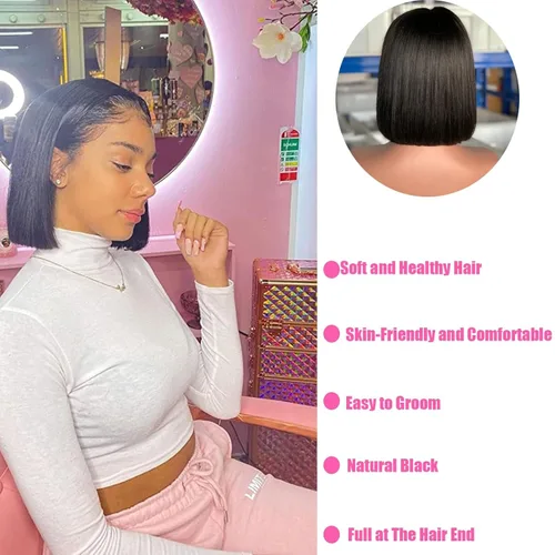 Miniatura 6 de Peluca de cabello humano sin pegamento, predepilada, precortada, recta, corta con encaje frontal para mujer, 4x4, cierre de encaje HD, peluca
