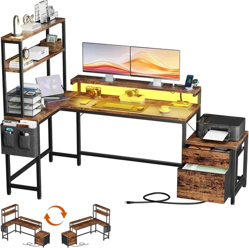 REAHOME Escritorio en forma de L de 70 pulgadas con cajones de archivos y estantes de almacenamiento reversibles, escritorio de computadora con toma