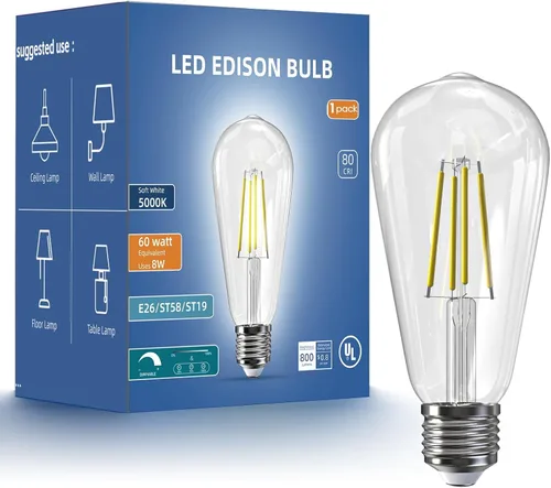 Miniatura 30 de Jensense Bombillas LED Edison E26, 60 vatios equivalentes, bombillas regulables, 2300 K, luz blanca cálida (cristal ámbar), estilo vintage