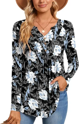 Miniatura 2 de CATHY Blusa tipo túnica de manga larga para mujer, cuello en V, con botones, informal, plisada, básica