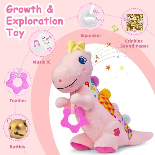 Miniatura 2 de Juguete de peluche suave de dinosaurio para bebés de 0-3-6-12 meses, juguete musical infantil con sonajero, chirriante, arruga sensorial, mordedor
