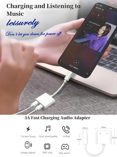 Miniatura 4 de [Certificado MFi de Apple] Paquete de 3 adaptadores de auriculares para iPhone, 2 en 1 Lightning a Dual Lightning Aux Dongle Cable Dongle