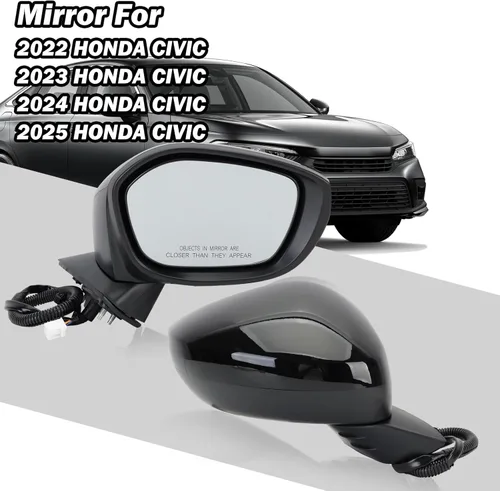 Miniatura 7 de Espejo lateral derecho del pasajero compatible con Honda Civic Sedan/Hatchback 2022, 2023, 2024, 2025, espejos con cristal eléctrico, sin 3 pines-BK