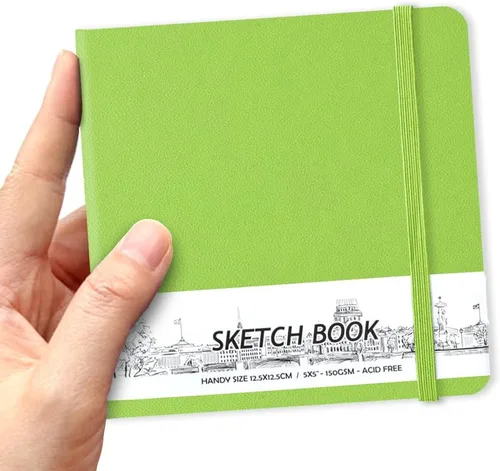 Miniatura 29 de Cuaderno de bocetos de bolsillo cuadrado de tapa dura de cuero PU de 5" x 5", 58 hojas de papel beige Dowling de 150 GSM, libro de bocetos de arte