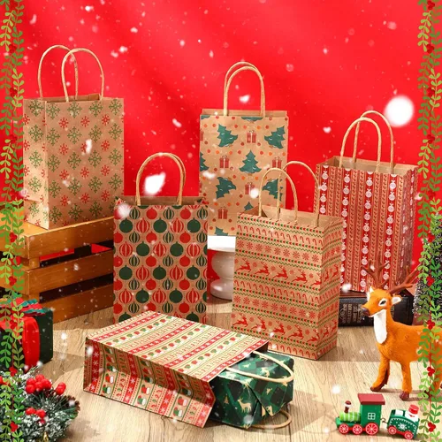 Miniatura 4 de Fulmoon Juego de 48 bolsas de regalo de papel kraft de Navidad a granel, bolsas de regalo de papel surtido con asa, vacaciones para regalos