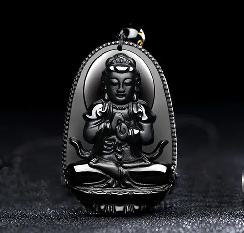 Miniatura 2 de Collar con dije de Buda. Collar con amuleto talismán Bodhisattva de Buda, de obsidiana., sin metal, 0580