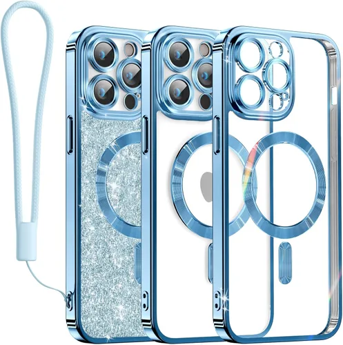 Miniatura 23 de Meifigno Candy Mag Series - Funda diseñada para iPhone 15 Pro, compatible con MagSafe, tarjeta con purpurina y correa de muñeca, protección completa
