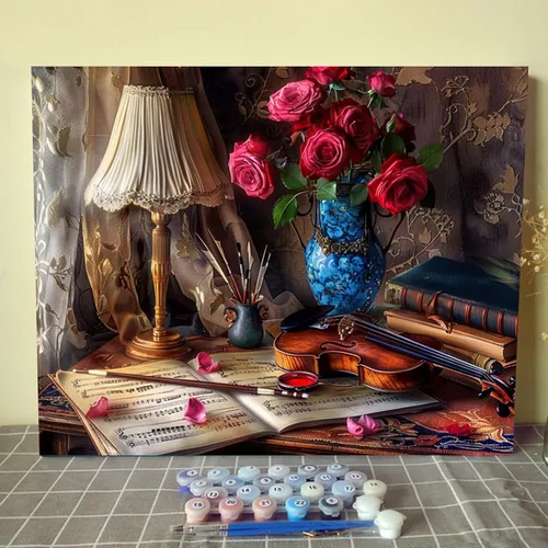 Miniatura 24 de Kits de pintura por números para adultos principiantes, pintura al óleo sobre lienzo de 16 x 20 pulgadas, lámpara de flores y óleo, pigmento 4-Art-06