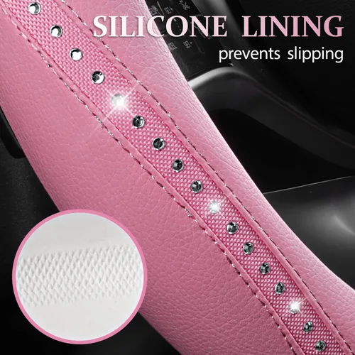 Miniatura 8 de CAR PASS Funda para Volante de Cuero Rosa con Diamantes de Imitación Brillantes, Piedras de Imitación Brillantes con Tachuelas Ajuste Universal 14