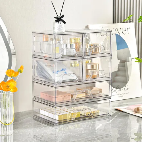 Miniatura 4 de Stebopum Paquete de 4 Cajones de Almacenamiento Apilables Organizador de Acrílico Transparente Organizador de Maquillaje de Baño y Almacenamiento