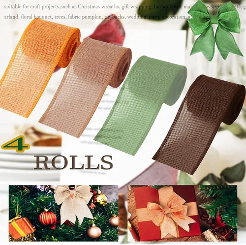 Miniatura 4 de Rollos de cinta de arpillera, cinta de arpillera natural, naranja, marrón, verde oliva, yute, para decoración de manualidades de Navidad, boda