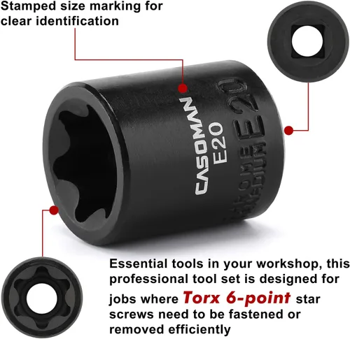 Miniatura 4 de CASOMAN 11PCS hembra Torx Socket Set, E Torx & Star Socket Set con riel, E4 - E20 Torque Sockets
